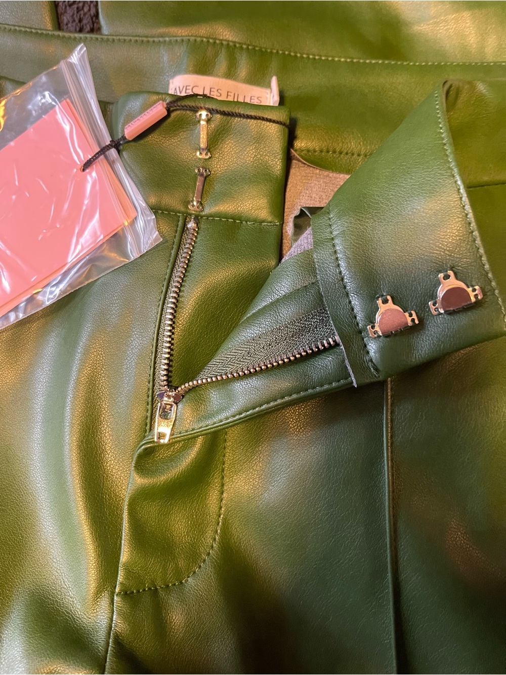 Avec Les Filles Olive Green Faux Leather Trousers
